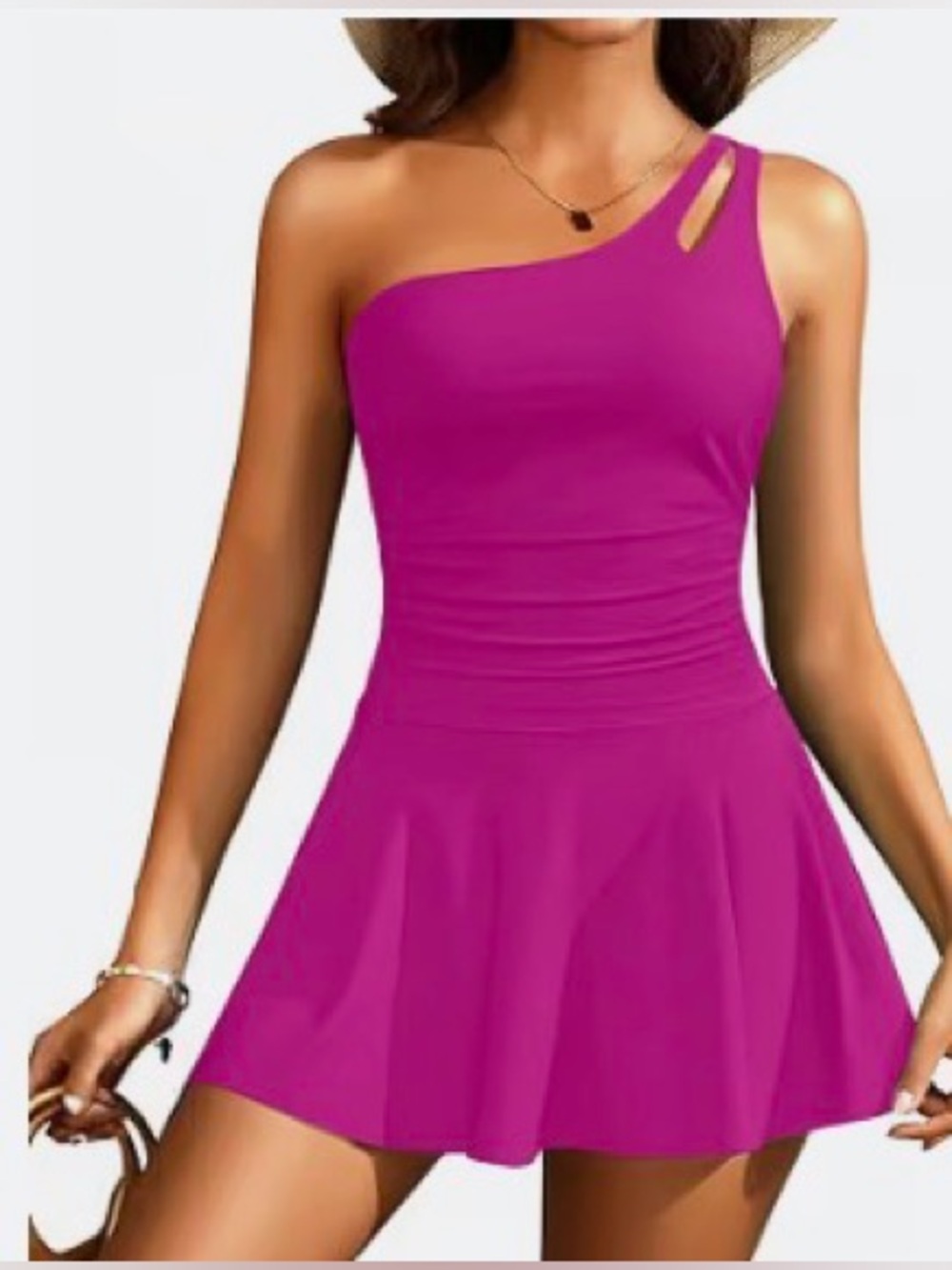 0164: One-Shoulder Magenta Swimdress with Cutout Strap
